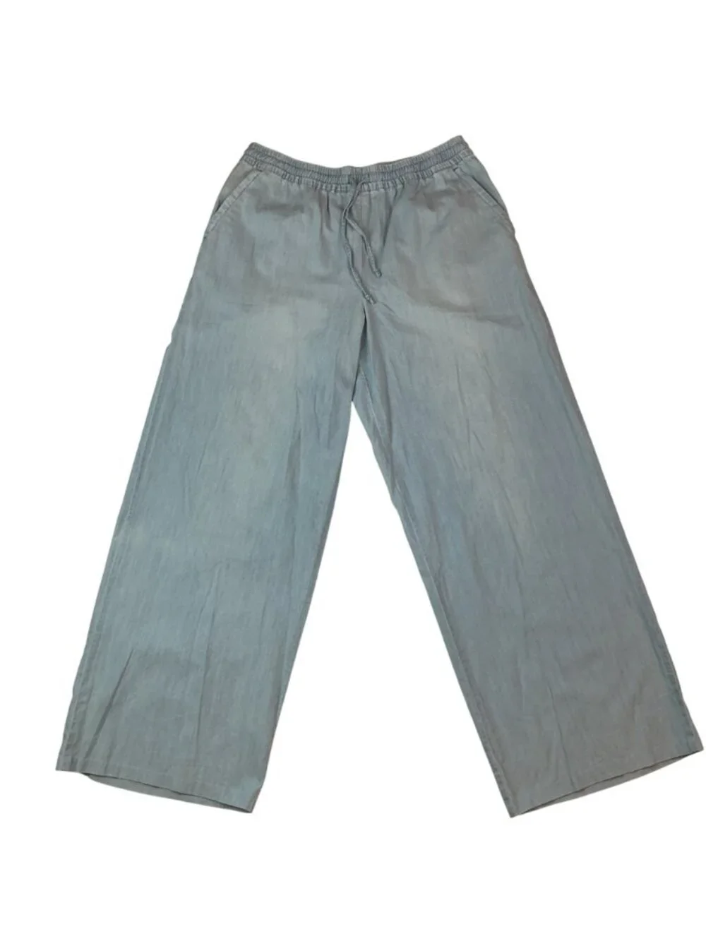Garnet Hill Wide-Leg Elastic Waist Pants Womens Medium Blue Cotton Tencel Blend